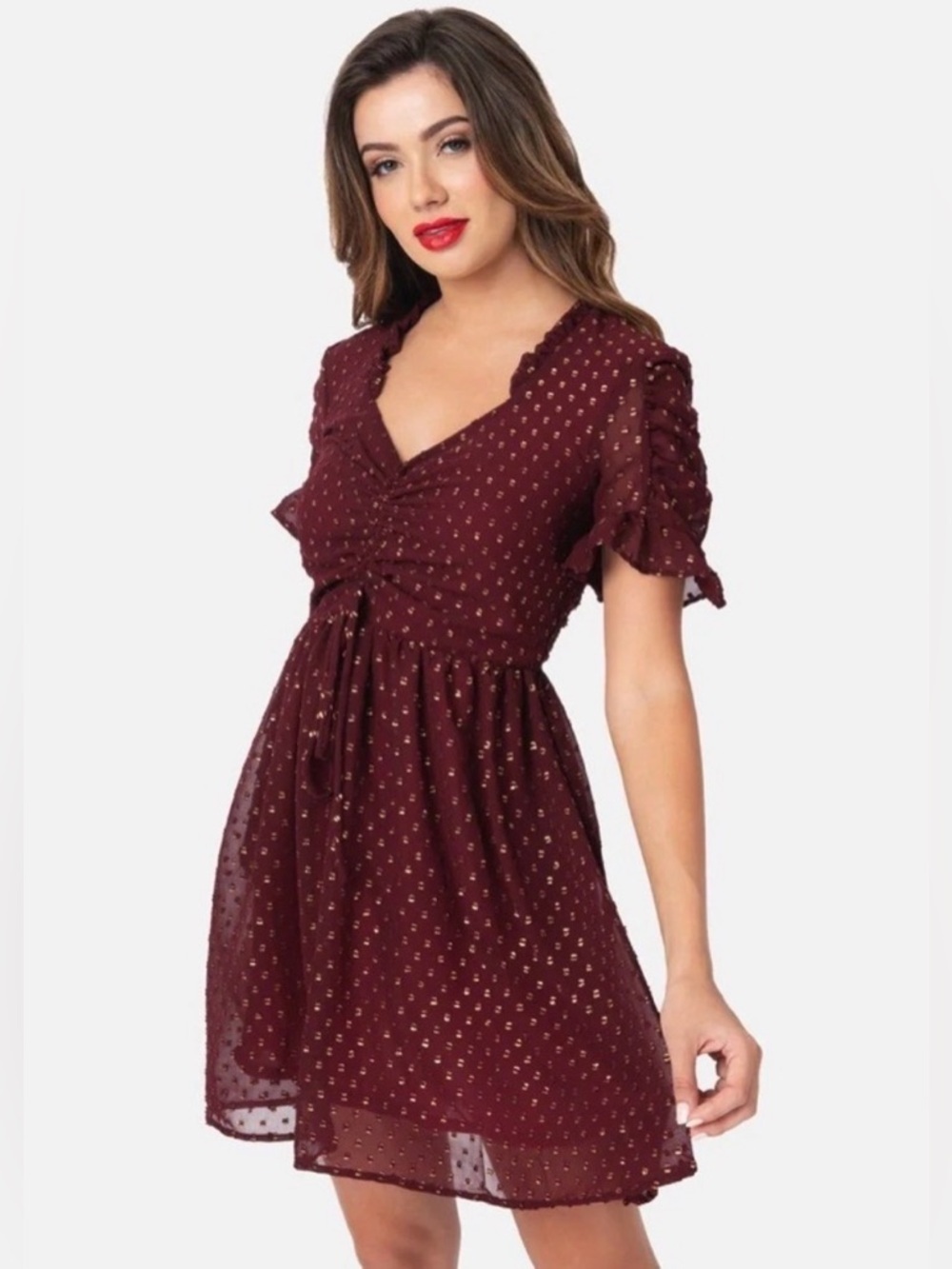 Smak Parlour Media Darling Fit and Flare Chiffon Burgundy Gold Dress size XL